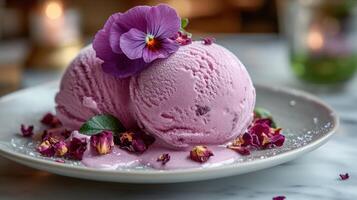 encantador postre de lavanda hielo crema servido en un plato adornado con pétalos en un acogedor ajuste foto