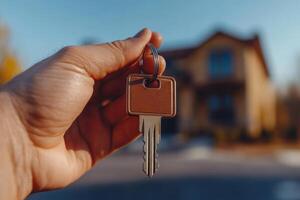 A person holding a key in front of a house photo