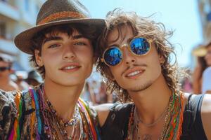 Two young men wearing sunglasses and hats at a festival photo