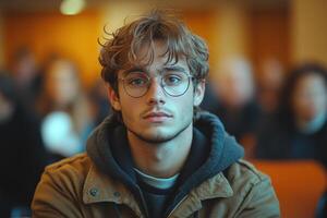 A man with glasses and a hoodie sitting in a lecture hall photo