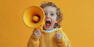 Child exuberantly yelling into a yellow megaphone against a bright orange background in a playful indoor setting photo