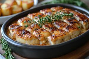 A dish of baked scallops with herbs on a cutting board photo