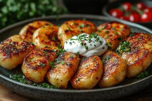 A plate of potatoes with sour cream and herbs photo