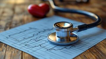 Stethoscope resting on heart rate graph with a red heart in background on wooden table photo