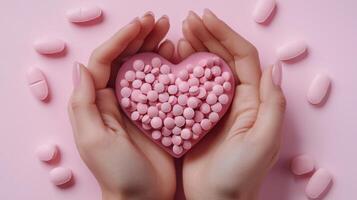Hands holding a heart-shaped container filled with pink pills on a pink background photo