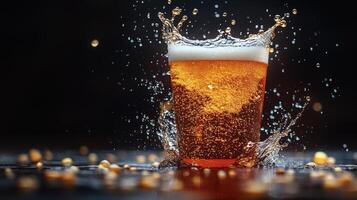 Refreshing beer splashes in a glass creating droplets on a dark surface during a lively gathering photo