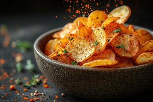 A bowl of potato chips with seasoning being sprinkled photo