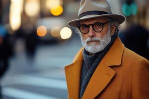 An older man in a hat and coat walking down the street photo