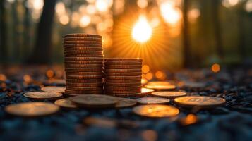 Stacks of coins on rocky ground with sunset glow in a forested area during golden hour photo
