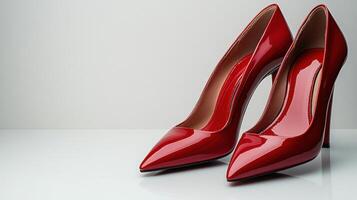 Elegant red high-heeled shoes displayed on a plain surface for a stylish fashion showcase photo