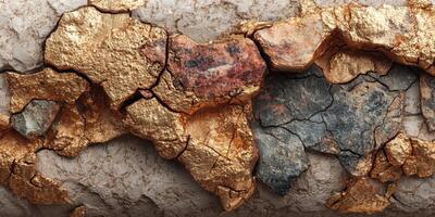 Textured surface with cracks revealing golden and gray layers in natural formation photo