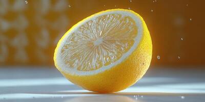Fresh lemon half floating in water with droplets creating a refreshing atmosphere and bright background photo