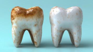 Transformation of teeth highlighting dental cleaning results on bright blue background photo