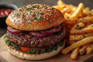 A hamburger with onions and tomatoes on a wooden board photo