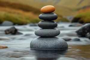 A stack of rocks sitting on top of each other in a stream photo