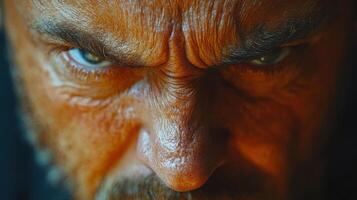 Intense close-up of a man's face displaying strong emotions and deep character against a dark background photo