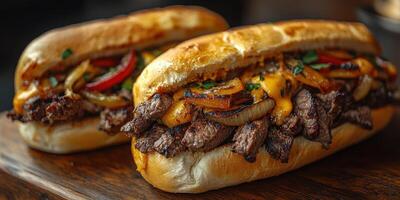 Delicious steak sandwich with grilled peppers and melted cheese served on toasted bread photo