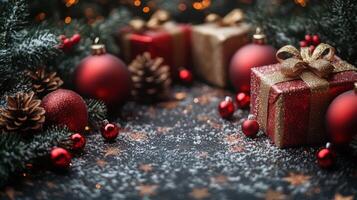 Festive holiday decorations with gifts and ornaments set against a snowy background photo