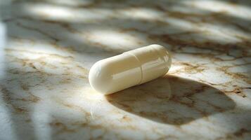 Close-up of a white capsule resting on a marble surface with soft lighting creating gentle shadows photo