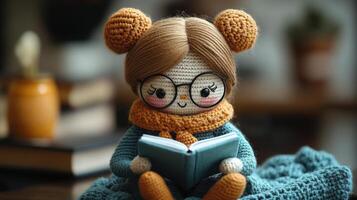 Cute crocheted doll reading a book while sitting on a cozy blanket in a warm, inviting room photo