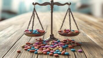 Balance of colorful tablets on scales with spilled candies on wooden surface in a bright setting photo