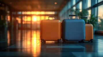 Travelers prepare for departure with luggage at an airport during sunset hours photo