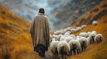 Shepherd guiding a flock of sheep through autumn hills in a serene rural landscape photo