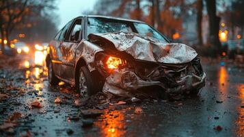 Damaged car on a rainy street with fallen leaves and city lights in the background during twilight photo