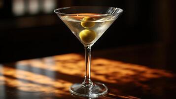 Elegant cocktail served in a classic martini glass with olives during a cozy evening setting photo