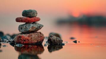 Sunset reflection over carefully balanced stones by the water at a tranquil lakeside location photo