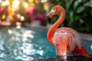 A flamingo is sitting on a table near a pool photo