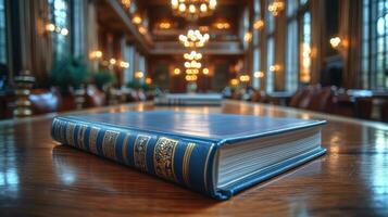 Books resting on a polished wooden table in a grand library during late afternoon light photo