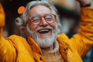 A man with glasses and a yellow jacket is smiling photo