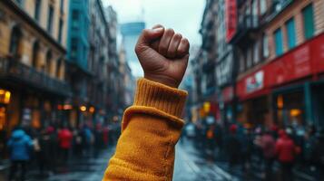 Protesters gather in a city street showing solidarity with raised fists during a cloudy afternoon photo