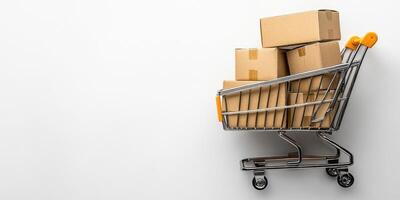 Delivery boxes stacked in a shopping cart ready for dispatch at an urban depot photo