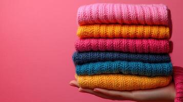 Colorful stack of knitted sweaters held against a bright pink background showcasing vibrant textures and hues photo