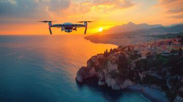 Sunset view of a drone flying over a coastal village with a colorful sky and serene ocean waves photo