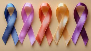 Colorful awareness ribbons displayed together representing various causes with a soft, neutral background suitable for awareness campaigns photo