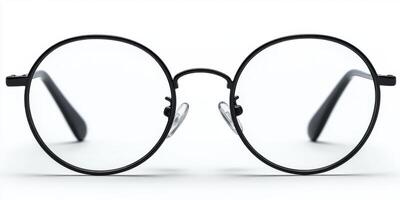 Stylish round black glasses with clear lenses displayed against a plain white background photo