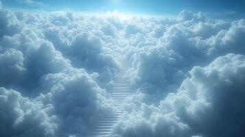Majestic staircase leading through fluffy clouds under a bright sky at sunrise photo