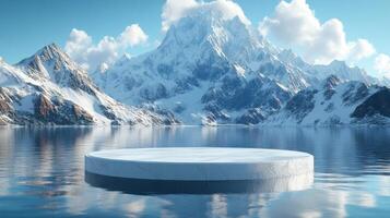 Majestic mountain landscape with a floating ice platform at crystal-clear lake during a sunny day photo
