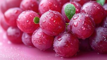 Fresh red grapes glistening with droplets on a vibrant background after being freshly washed photo