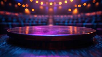 Dimly lit theater stage with bright attractive lights ready for performance at night photo