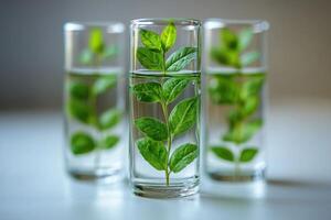 Three glass vials with green leaves in them photo