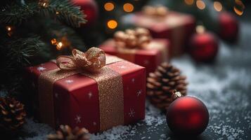 Beautifully wrapped Christmas gifts with ornaments and pine cones creating a festive holiday atmosphere photo