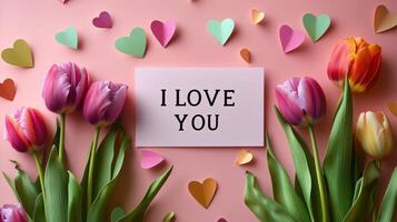 Colorful tulips and decorative hearts create a romantic atmosphere for expressing love on a pink background photo