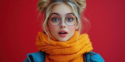 Girl with bright blue eyes wearing large glasses and a yellow scarf against a vibrant red background photo