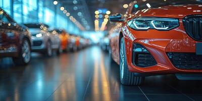 Showroom features bright orange luxury car among other vehicles at an auto dealership during the day photo