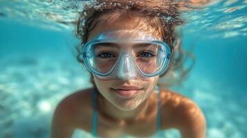 Young swimmer enjoys underwater exploration in clear blue water during a sunny day photo