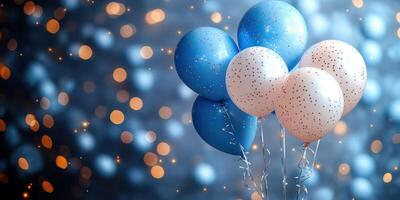 Colorful balloons with glitter against a sparkling background during a festive celebration at night photo